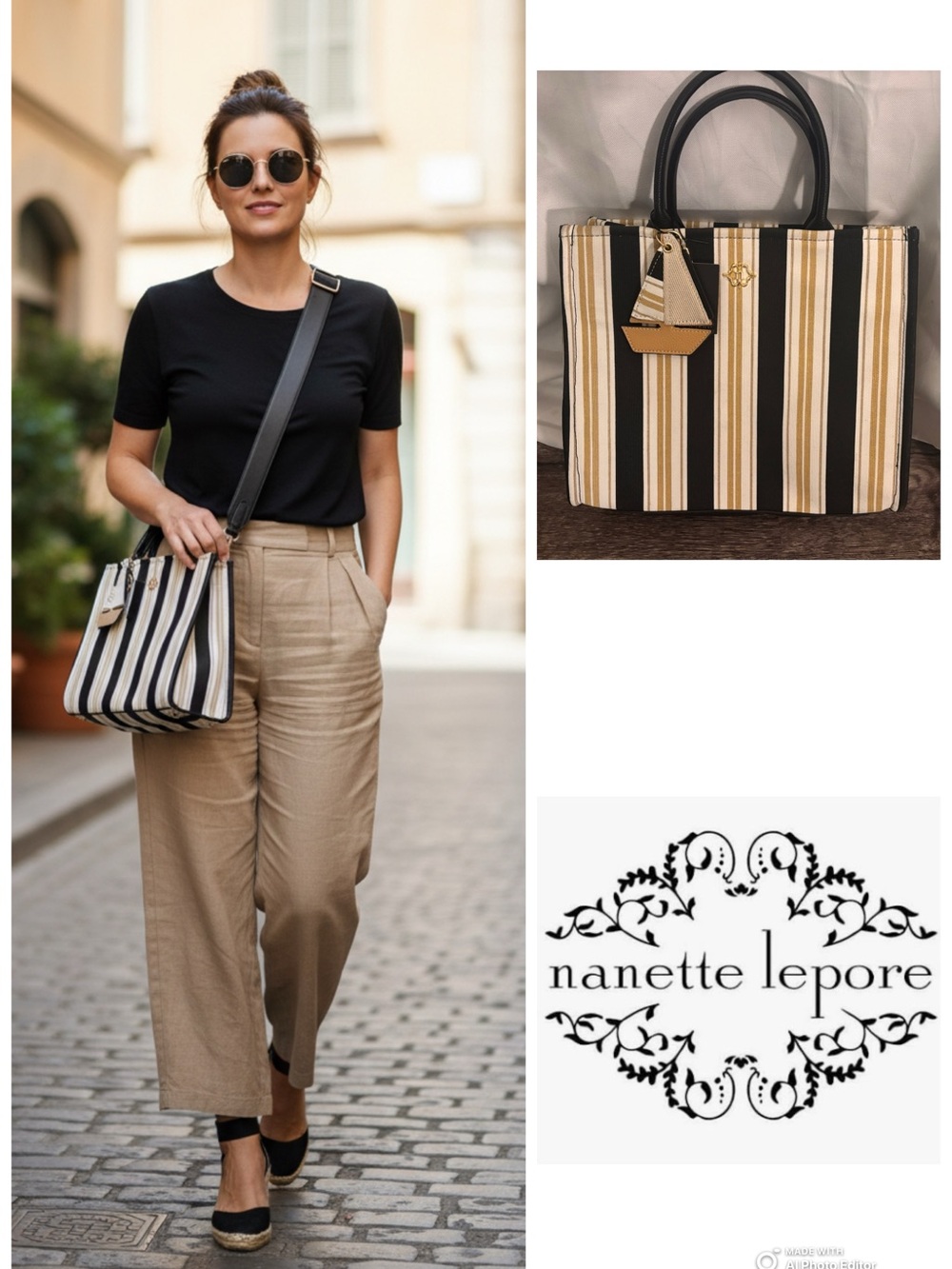 Nanette Lepore Black, Cream & Tan Canvas Striped Canvas Tote